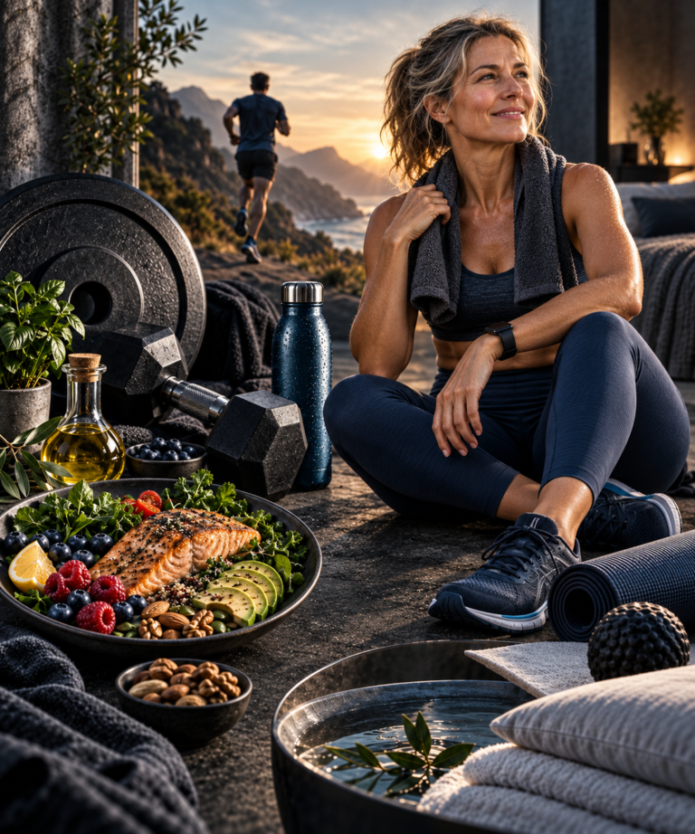 Healthy aging collage with strength training, nutritious food, cardio and recovery